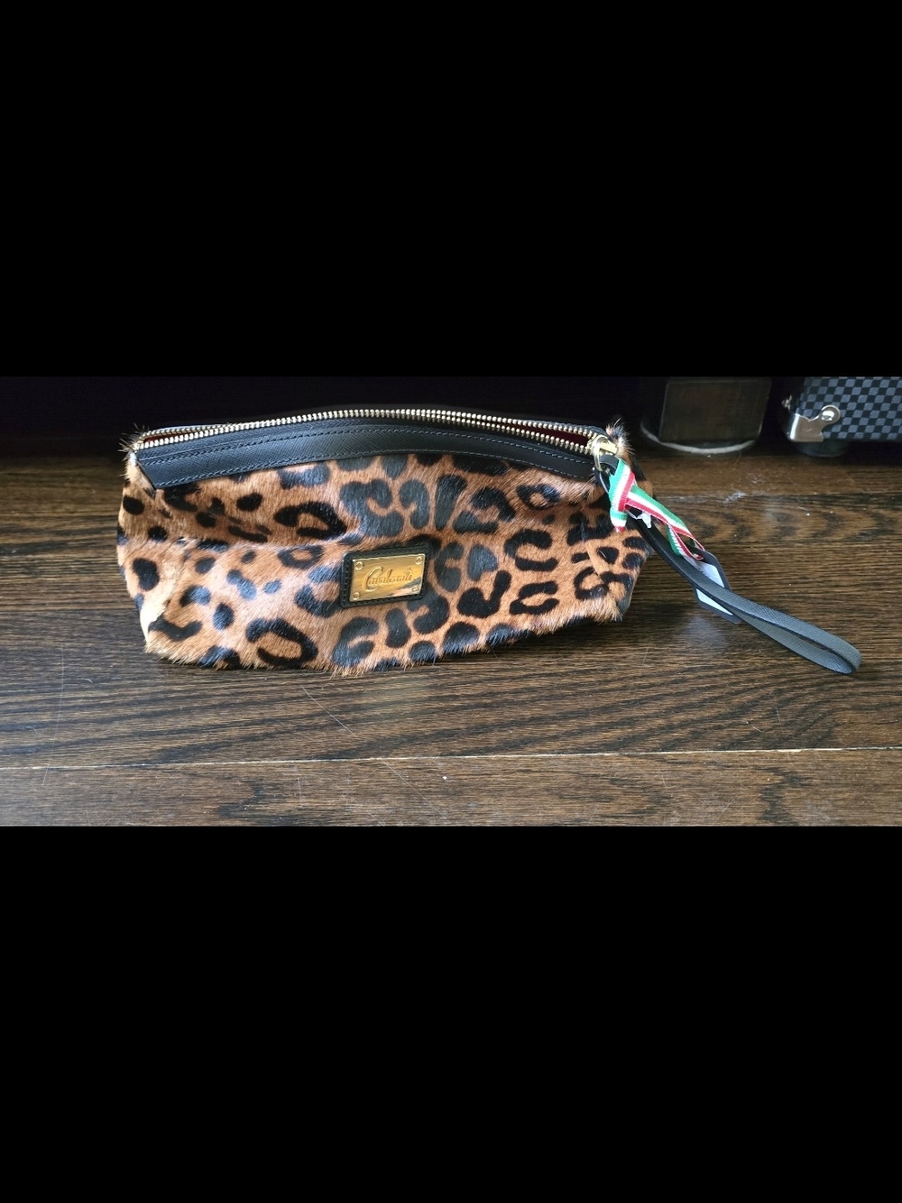 Leopard Print Faux Fur Wristlet Clutch with Gold Plate